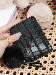 Minimally Designed Stone Patterned Card Bag, Zippered With A Pom Pom Charm, Credit Card Storage Bag, Women's Card Bag - Black - View 2