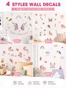 SURELIFE 1pc Watercolor Style Pink Castle Unicorn & Heart Wall Decal, Removable PVC Art Mural Sticker, Suitable For Bedroom, Living Room Home Decor, Spring Decorative Sticker To Add Vitality To Your Home, Rama Decor Sticker - Multicolor - View 7