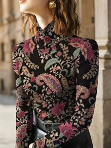 Elegaris Vintage Paisley Pattern Turtleneck Fitted Long Sleeve Top, Soft Stretchy Fabric, Versatile Retro Style Floral Print Blouse, Spring Elegant - Multicolor - View 2