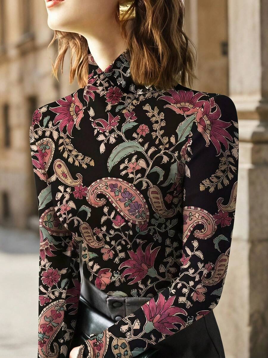 Elegaris Vintage Paisley Pattern Turtleneck Fitted Long Sleeve Top, Soft Stretchy Fabric, Versatile Retro Style Floral Print Blouse, Spring Elegant