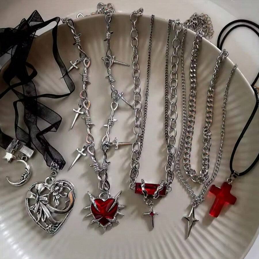 5 piezas/Set Collares con cadena y colgante de estrella, cruz, corazón con espinas rojas, patchwork y borlas, joyería estilo gótico, punk, hip hop, grunge, Y2K para mujer y hombre, regalo para fiesta - Multicolor - Ver 1