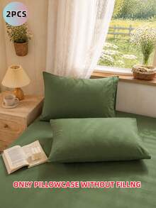 2件裝綠色超柔軟純色枕套，輕盈透氣，信封式封口，純色床用枕套，適用於臥室、宿舍、返校季及其他場合 - 軍綠色 - 查看 2