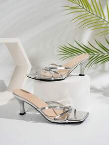 NANBEI ZUO Women's Square-Toe Cat-Ear Sandals With Strappy Cross-Over Knot Design Fine Heel Sandals Suitable For Daily Streetwear, Commuting, And Dating Outings - Silver - View 3