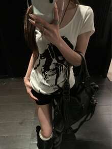 Atasan Wanita Hip Hop Motif Huruf Leher Bulat Lengan Pendek Gaya Streetwear - Putih - View 5