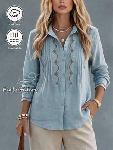 Summer Vintage Bohemian Loose Casual Commute Lapel Long Sleeve Embroidered Shirt Cardigan Top, Autumn Hobo Artistic Elegant Embroidered Lapel Blouse, All-Season Versatile Commute Office Vacation Holiday Party Tea Party Embroidered Casual Everyday Outing Shirt, Blue Shirt, Button Up Shirt For Women - Blue - View 1