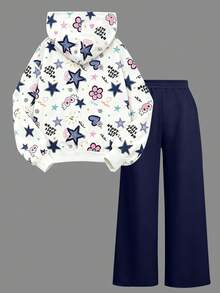 2pcs Girls All-Over Print Hoodie & Minimalist Casual Wide Leg Pants Set, Comfortable Cool Fashion Outfit, Suitable For Autumn/Winter - Multicolor - View 3