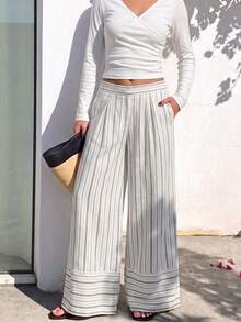 Celana Panjang Wanita Motif Garis-garis Musim Gugur, Celana Panjang Longgar Berlipit Pinggang Tinggi dengan Kantong Samping - Hitam dan Putih - View 11