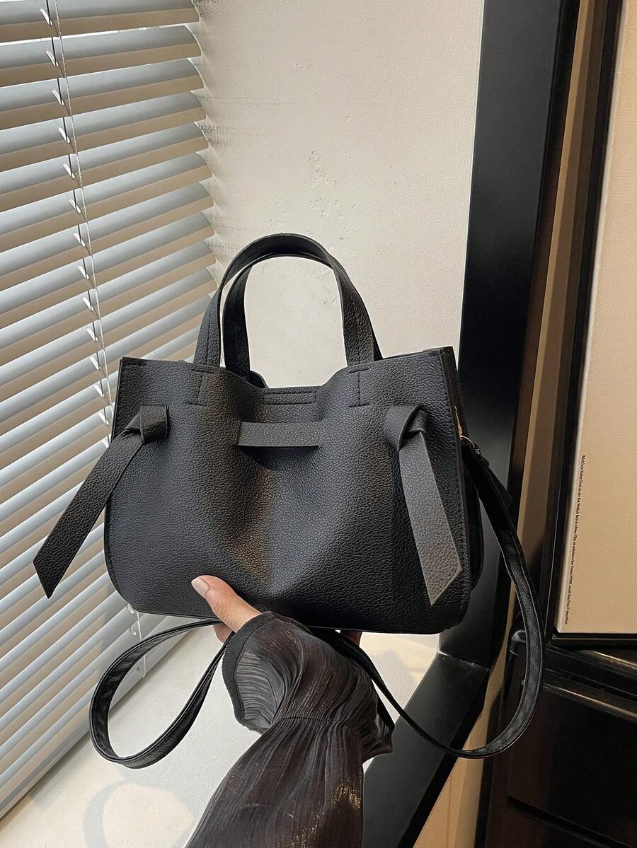 1pc Solid Color PU Portable Magnetic Fashion Women's Handbag With Strap Decoration, Suitable For Autumn/Winter Daily Shopping - Black - View 1