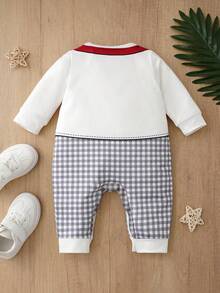 Chef Print Baby Boy Long Sleeve Jumpsuit, Red Bow Tie & Utensils Pattern, Plaid Pants, Newborn Photo Crawl Suit - White - View 3
