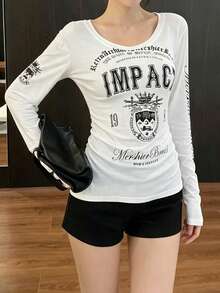 Atasan Kasual Lengan Panjang Gaya Punk dengan Motif Huruf Kontras dan Desain Pinggang Ramping - Hitam - View 7