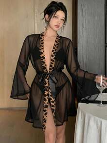 DAZY 2pcs/Set Women's Fashion Sexy Leopard Print Robe + Thong - Black - View 5