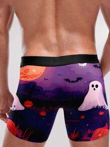 1Pc Men's Boxer Briefs, Purple Gradient Halloween Cemetery Scene Print With Ghost Pumpkin Bat Moon, Holiday Style Underwear For Daily Casual Wear - Multicolor - View 3
