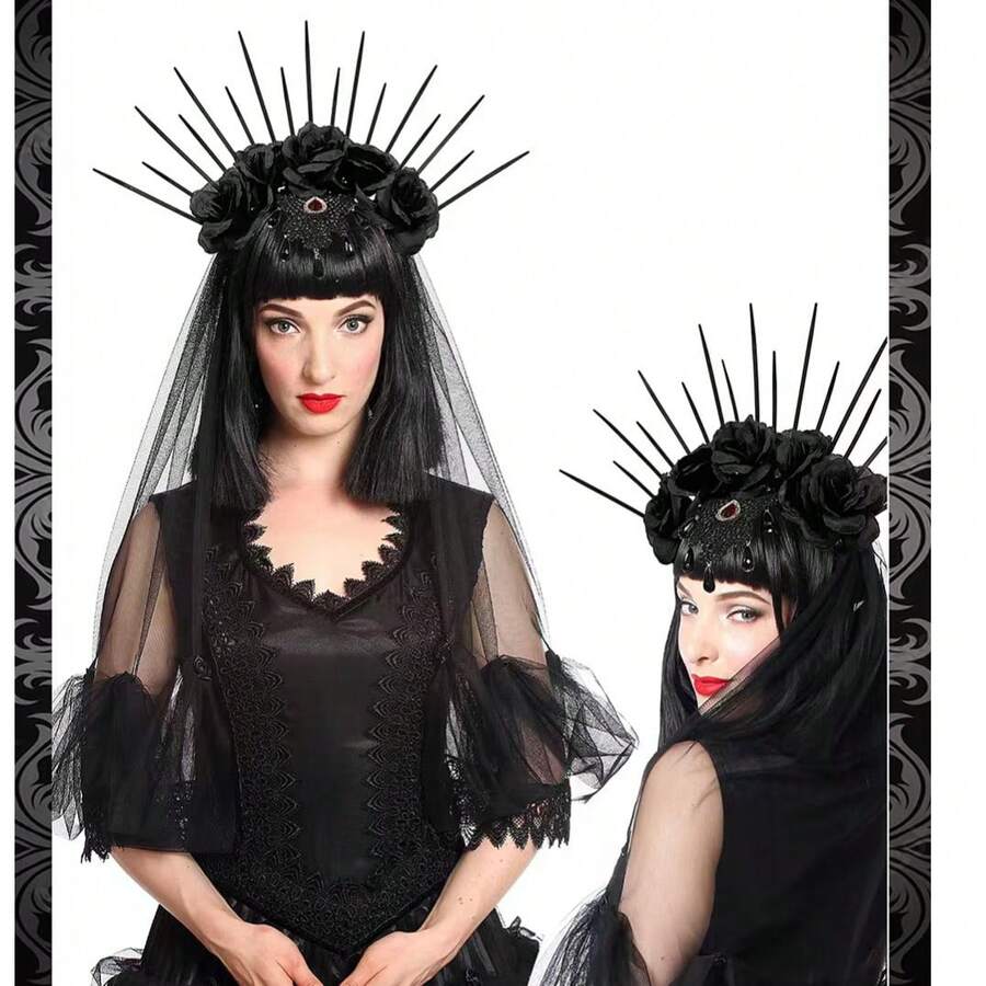 1pc Halloween Bride Wedding Veil Headband Gothic Crown Vintage European American Costume Accessory Rose - Black - View 1