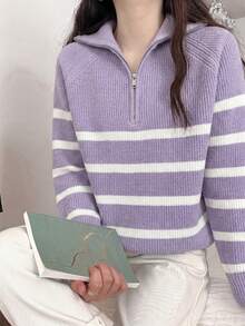 女款拼色條紋拉鍊半開襟翻領長袖針織毛衣 - 淡紫色 - 查看 4
