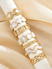 Juego de Anillos Estilo Aleatorio 21/13/7 piezas Moda Simple Goteo de Aceite Girasol Corazón Flor Estrella Luna Multi-Elemento para Mujer Hermana Vacaciones Cita Regalo Uso Diario Casual Fiesta Boda Combinación - Amarillo Oro - Ver 4