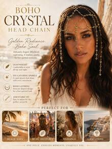 STONEFANS 1pc Gold Crystal Rhinestone Multi-Layer Head Chain, Women's Bohemian Forehead Chain, Draping Hair Accessory, Beach Music Festival Wedding Vacation Headpiece - Gold - View 2