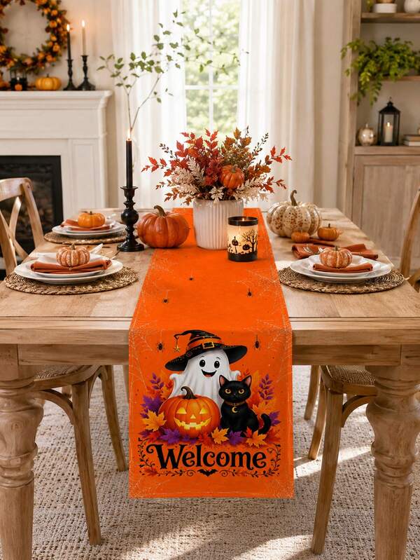 1PC Orange Halloween Table Runner, Cute Ghost Black Cat Pumpkin Welcome Design Linen Rectangular Table Runner With Spider Web Print For Kitchen Dining Table Home Decor Halloween Party Fall Thanksgiving Indoor Outdoor Decoration Set