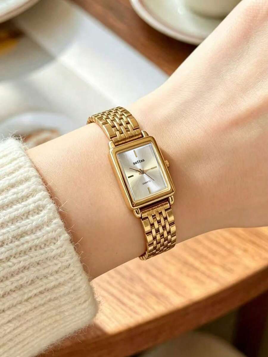 sottas New INS Style Gold Square Women's Watch, Minimalist Elegant, Casual Versatile, Light Luxury Niche Steel Band Quartz Watch - White - View 1