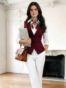 1pc Women's Solid Color Pocket Button Elegant Fashion Sleeveless Vest Top Jacket, Suitable For Office, Holiday, Casual, Date, Spring/Autumn/Summer - Burgundy - View 3