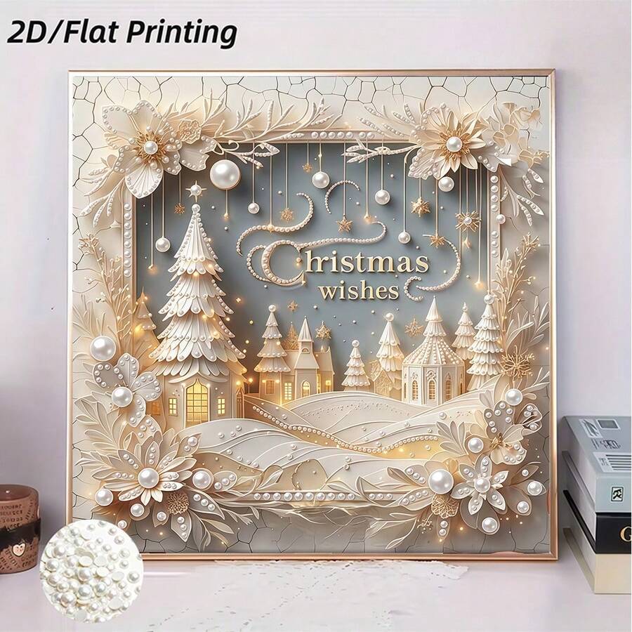 1pc New Pearl Painting Set, 3D Christmas Snow Village Scene Design With Christmas Tree And Golden Floral Pattern, Self-Adhesive Pearl Rhinestones, Suitable For Holiday Birthday Gift, Home Decor - Pearl Painting - View 1