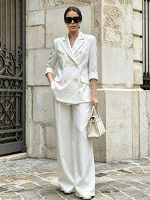 Women's Spring/Autumn Casual Elegant Commute Double-Breasted Lapel Faux Pocket Solid Color 3/4 Sleeve Blazer & Wide Leg Pants 2-Piece Set - White - View 7