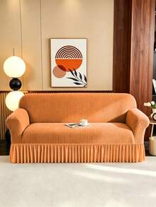 1 Buah Sarung Sofa Oranye, Kain Fleece, Anti Selip, Elastis, Dekoratif, Pola Ukiran Garis Lurus Jacquard, Cocok Untuk Sofa Lurus 2 Sandaran Tangan, Tersedia 4 Ukuran, Sepanjang Musim - oranye - View 5