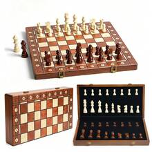 1 Set Wooden Chess Set International Board Vintage Carved Pieces 15inch Retro Vintage Chessboard With Coordinates, Portable Travel Strategy Game Gift For Adults - Multicolor - View 2