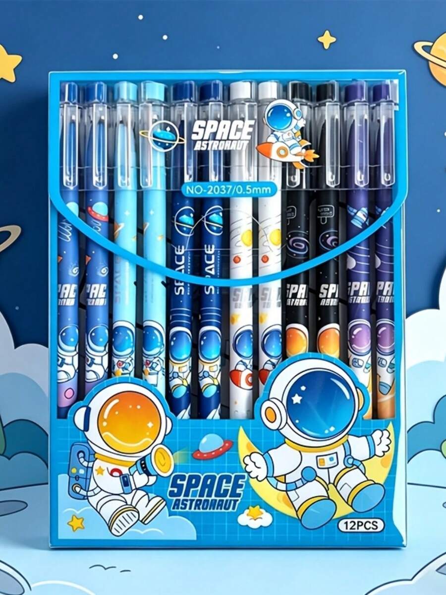 6/12 PCS Pulpen Lurus Astronot Kemasan Kotak Pulpen Netral yang Dapat Dihapus dengan Panas Estetika Tinggi Kartun Hadiah untuk Pelajar Alat Tulis Lintas Negara