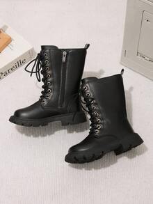 1 Pair Spring/Autumn New Casual Fashion Warm Comfortable Round Toe Mid-Calf Side Zipper Design Girls Boots, Classic Boots - Black - View 4