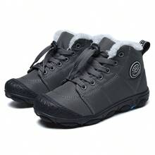1 Pair Kids' Lace-Up Warm Lining Minimalist Style Closed-Toe Snow Boots, Suitable For Autumn/Winter Outdoor Travel - Dark Grey - View 1