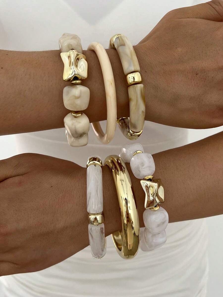 3pcs Vintage Exaggerated Glamorous ABS Resin Gold Bangle And Beige Elastic Bracelet Set Suitable For Women Daily Wear, Party, Date, Wedding, Festival, Gift - Multicolor - View 1