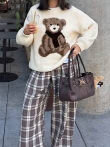 Joy Knit Women's Autumn/Winter New Sweater Top - Casual Minimalist Fashion Versatile - Basic Tops - Knitwear - Vintage Collegiate Style - Back To School - Teddy Bear Cute Animal Print - Loose Round Neck Pullover Sweater - Apricot - View 4