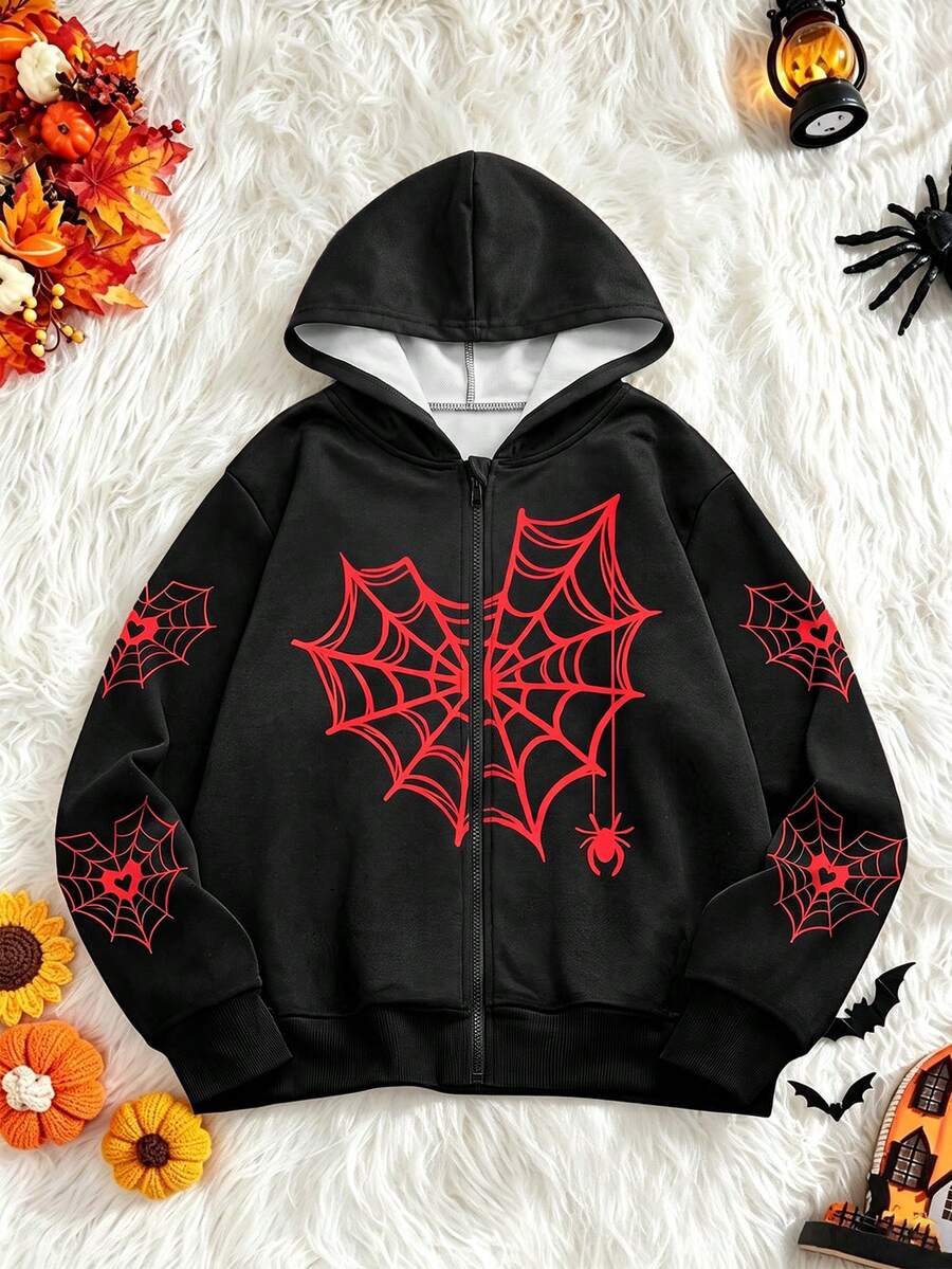 Lurzo Boys Gothic Style Halloween Zipper Hoodie, Red Spider Web Pattern Zip-Up Jacket, Easy To Put On And Take Off, Suitable For Daily/Halloween Wear - Black - View 1