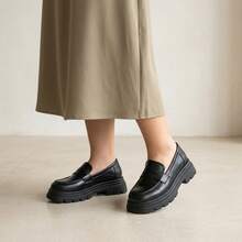 Thick Sole Women's Loafers, Plus Size Wide Fit, Platform Wedge Shoes, Autumn/Winter College Style British Versatile Leather Shoes For Wide Feet - Black Mouth-shaped - View 3