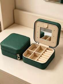 1pc Solid Color Zipper Jewelry Box, Portable Storage Box With Mirror, Large Capacity Jewelry Box, Travel Jewelry Zipper Box, Jewelry Box, Suitable For Earrings, Necklaces, Rings And More - Multicolor - View 18