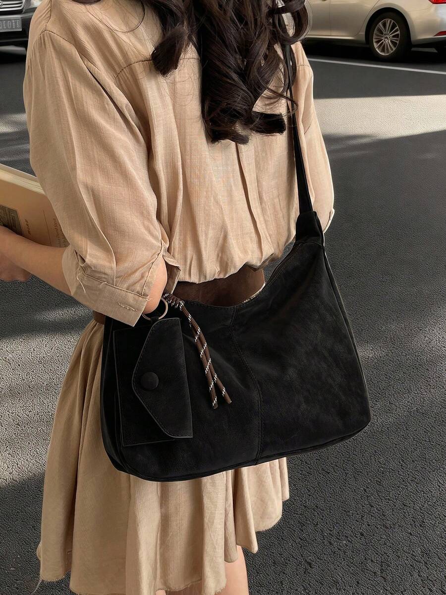 Vintage Distressed Hobo Underarm Bag For Women, Large Capacity Soft Leather Shoulder Bag With Free Small Card Holder, Commuter Crossbody Bag - Black - View 1