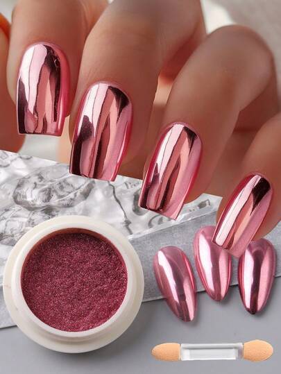 1 Box Pink Color Nail Art Powder With A Eyeshadow Stick Holographic Y2K Sweet Pink Metallic Pigment Dust DIY Nail Glitter Manicure Decoration Supplies