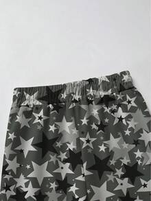 Teen Girls Fashion Star & Letter Print Hoodie + Star All-Over Print Casual Pants 2pcs Set, Autumn Winter Outfit, Campus Style, Homecoming Look - Black - View 6