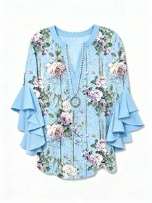 Plus Size Women's Notch Neck Ruffle Floral Blouse, 3/4 Layered Sleeves Vacation - Baby Blue - View 3