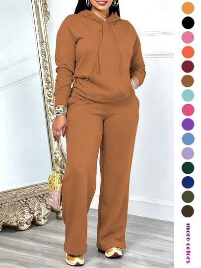 Women's Casual 2 Pieces Set Solid Color Elegant Long Sleeve Hooded Drawstring Pocket Sweatshirt And Straight Leg Pants Set, Lightweight And Soft, Suitable For Spring, Summer And Autumn