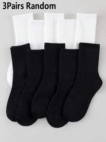 3/5/10 Pairs Men Solid Vertical Ribbed Crew Socks, Black White Basic Breathable Daily Sports Casual Socks - Black and White - View 11
