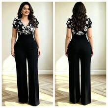 Plus Size Floral Print Knit Jumpsuit, Layered Collar Short Sleeve Wide Leg Long Formal Outfit, Stunning New Year Women's Black - Black - View 5
