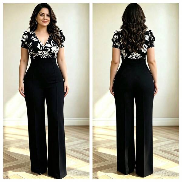 Plus Size Floral Print Knitted Jumpsuit With Overlap Collar Short Sleeve Wide Leg Long Formal Outfit, Stunning For New Year's Women