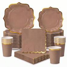 10/20/50/80 Pcs,Neutral Brown Gold Foil Wavy Edge Disposable Tableware,Boho Taupe Scalloped 7 Inch & 9 Inch Paper Plates,Cups And Napkins With Golden Rim,Simple Chic Table Supplies For Tea Party,Family Gathering,BabyShower,Birthday Party,Wedding - Brown - View 1