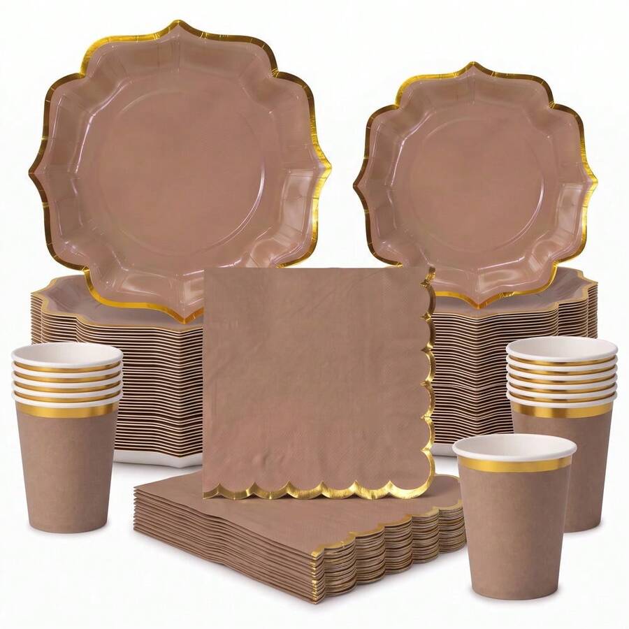 10/20/50/80 Pcs,Neutral Brown Gold Foil Wavy Edge Disposable Tableware,Boho Taupe Scalloped 7 Inch & 9 Inch Paper Plates,Cups And Napkins With Golden Rim,Simple Chic Table Supplies For Tea Party,Family Gathering,BabyShower,Birthday Party,Wedding - Brown - View 1