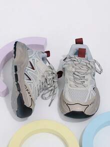 1 Pasang Sepatu Sneakers Anak-Anak Model Retro Jala Kontras Warna Beige & Merah dengan Tali dan Perekat Velcro, Cocok untuk Olahraga Luar Ruangan Sepanjang Musim - Merah - View 4