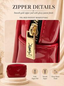 YSL Red Patent Leather Makeup Bag, 20*12cm, Single Piece, Smooth Glossy Patent Leather With Gold Zipper, Large Capacity, Suitable For Daily Outings And Short Trips - Red - View 7