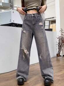 Vintage Distressed Boyfriend Jeans For Petite Women, Versatile, Slimming, Loose Wide Leg Long Pants Casual Spring Fall - Retro Blue - View 2