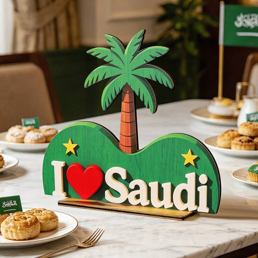 沙烏地阿拉伯國慶派對桌面木製裝飾，節慶慶祝棕櫚樹駱駝 I ❤️ KSA 牌飾 - 多色 - 查看 1