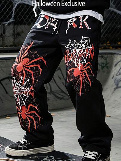 Lurzo Boys' Autumn/Winter Y2K Streetwear Loose Straight-Leg Pants, Bloodstain Dark Color Letter + Spider Web Print Straight-Leg Pants, Suitable For Street Hip-Hop Style